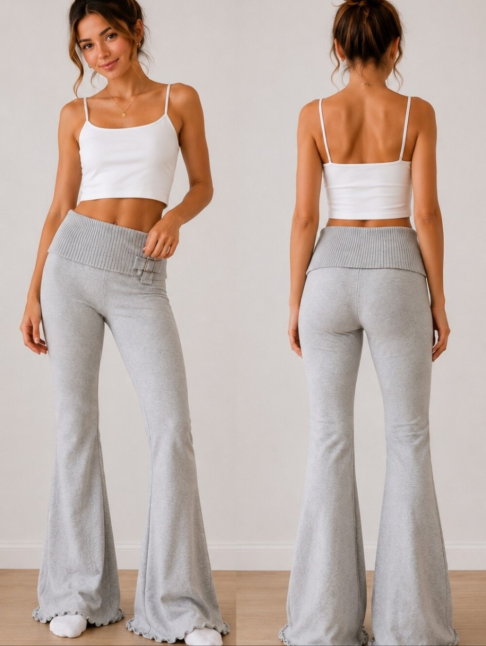 Vintage Y2K Gray Knit Lounge Pants Buckle Waist Flare Leg Skims Vibe Size L